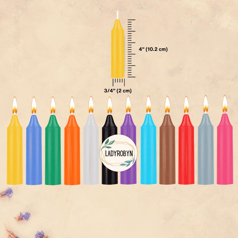 ladyrobyn Box of 12 Colored Candles | 4 inches Tall & 3/4 inch Diameter | Witchcraft Supplies for Your Personal Wiccan Altar, Spells, Charms & Intentions | Witchy Room Decor | Taper Candlesticks - Image 3